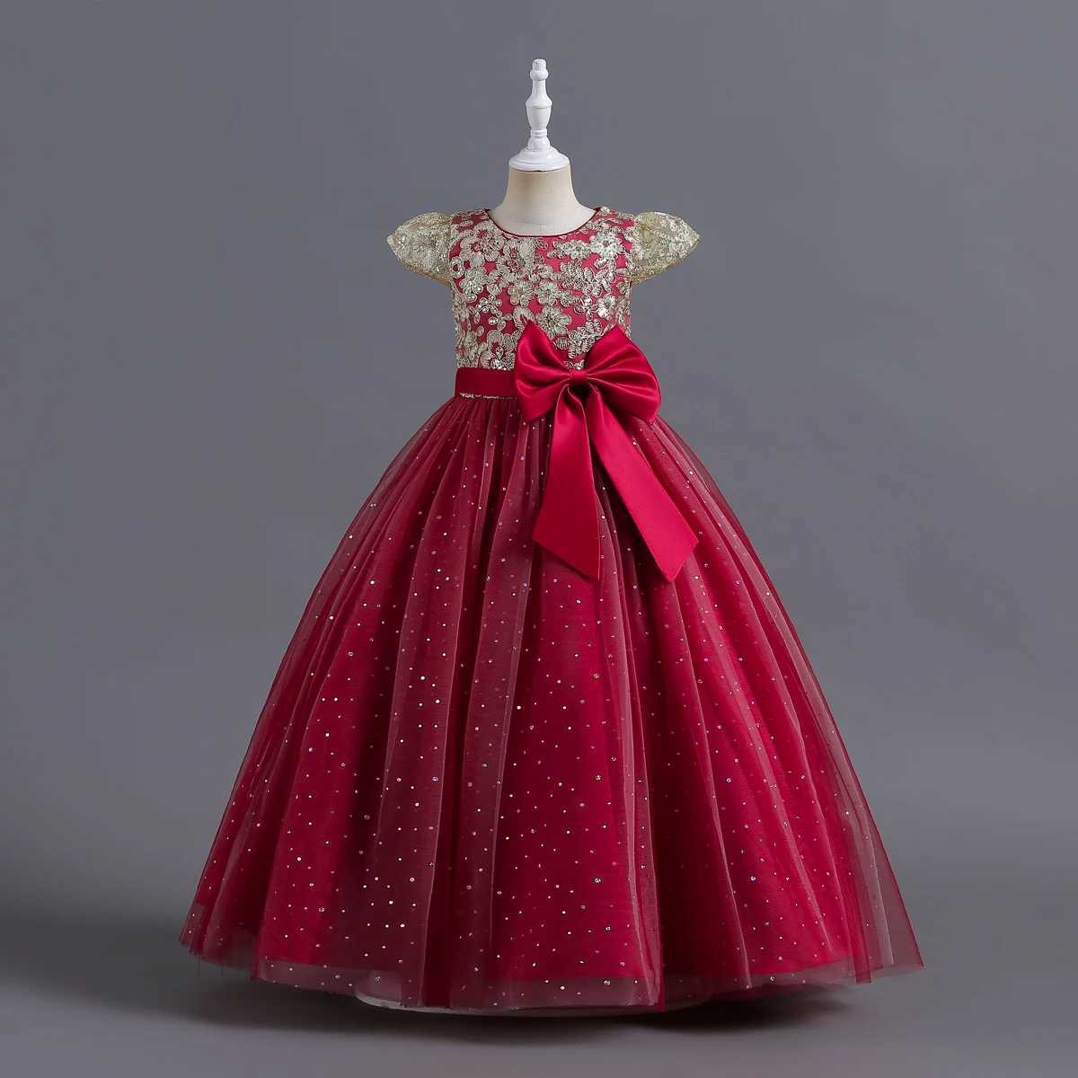 Elegant Kids Dresses For 3-12Y Girls Wedding Children Bow Bridesmaid Prom Long Gown Princess Birthday Party Embroidery Dresses Z250904