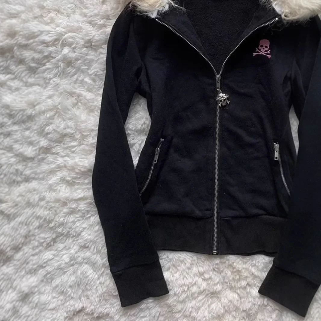 Gothic Style Hooded Cardigan Letter Print Womens Thickened Winter Coat Fur Collar n Y2K Japanese Zipper Jacket 250904
