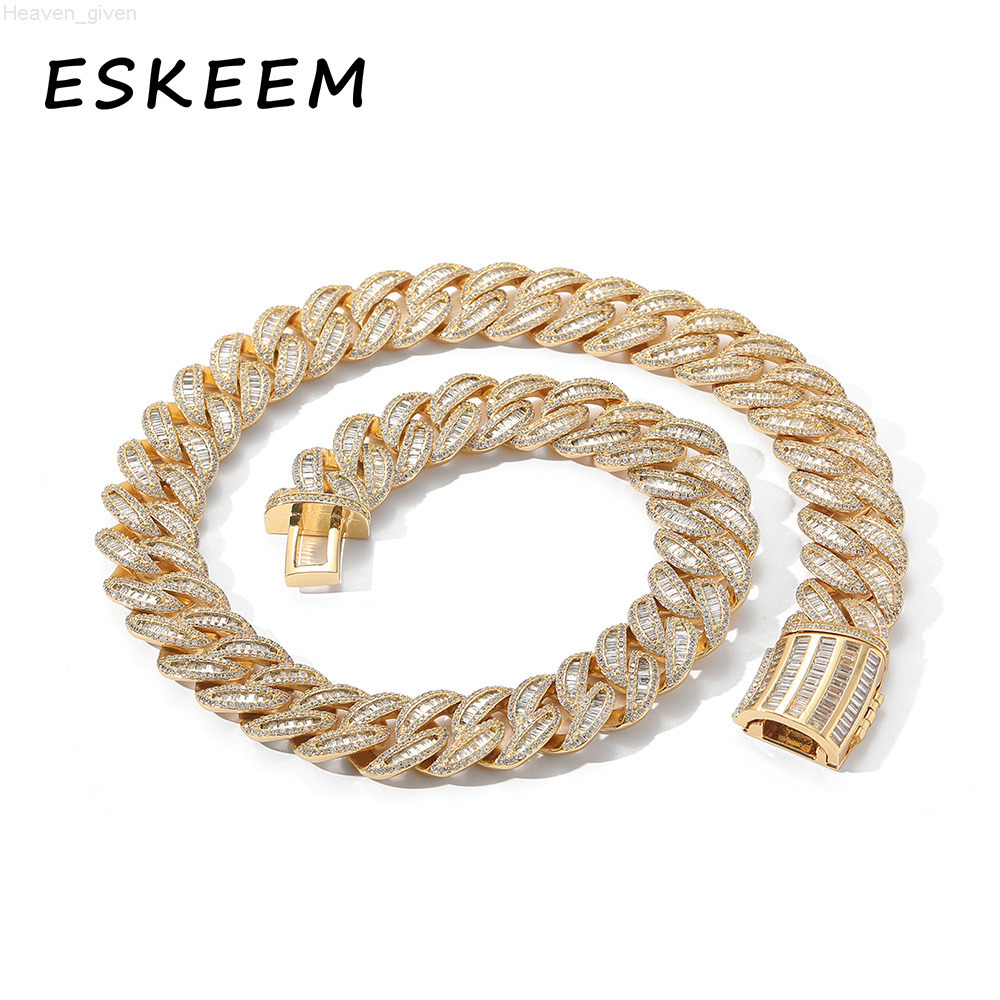 Hip Hop Men Chunky Necklace Iced Out Bling CZ Thick Heavy 15mm Baguette Prong Cuban Link Chain