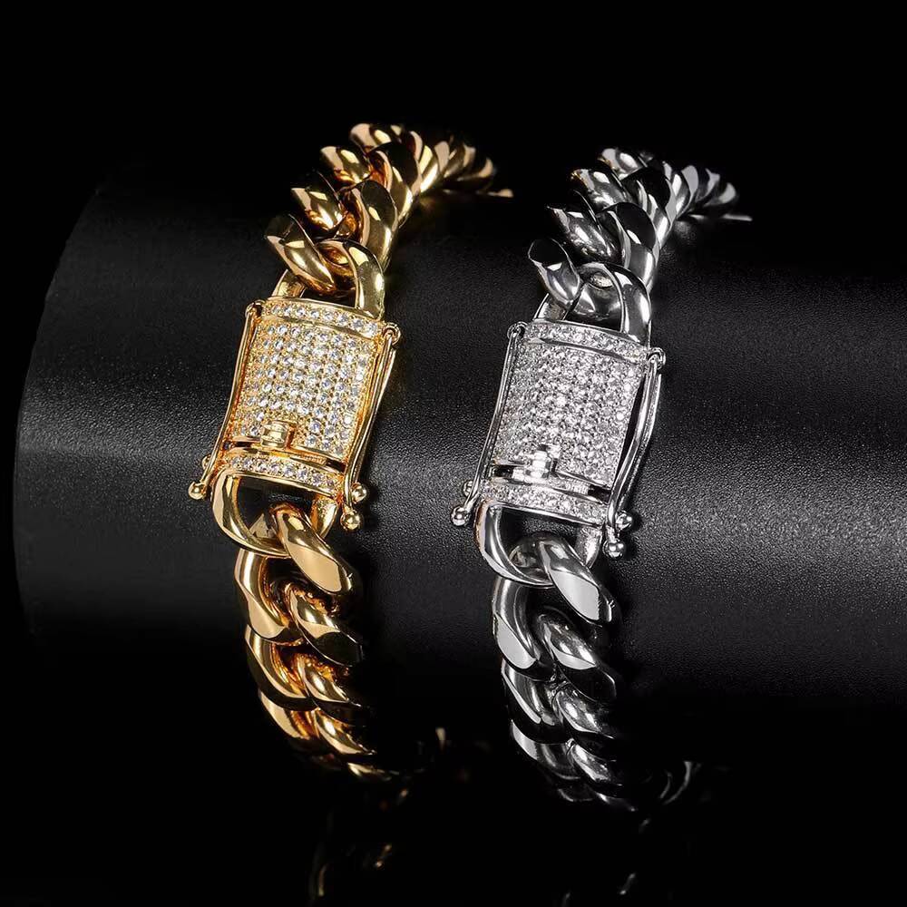 Hot Selling 12mm DiamondEncrusted Buckle Stainless Steel Necklace Bracelet with GoldPlated Cuban Link Chain Ground Encryption