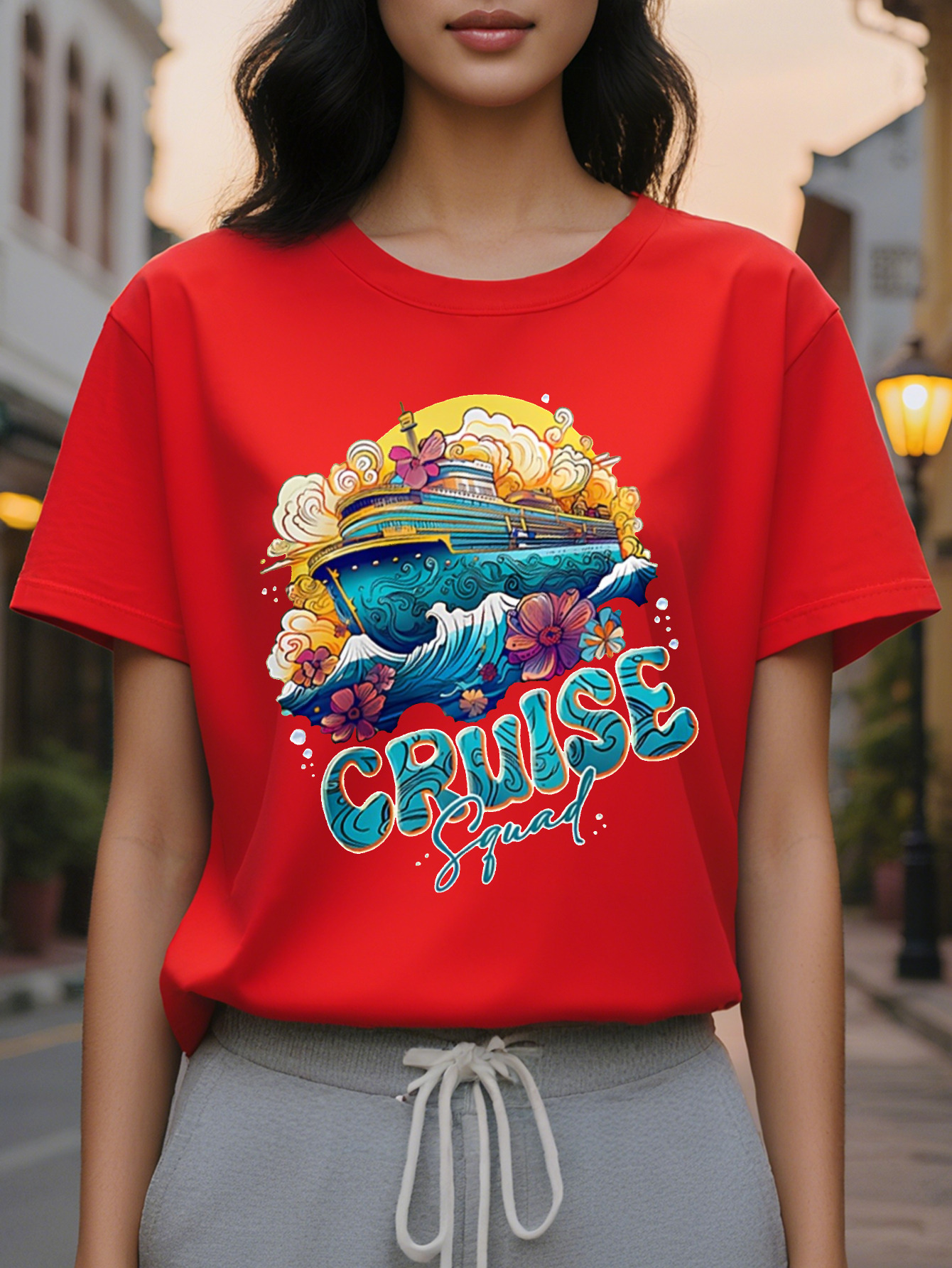 Women's CRUISE pattern printed T-shirt with nautical whale wave design, cotton fiber, light square meters, loose version