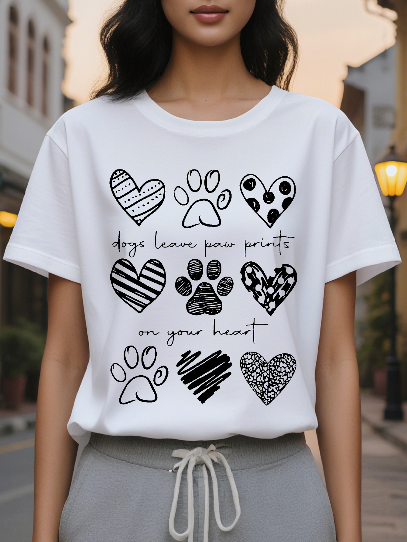 Women's Cute Print Short Sleeve T-Shirt Dogs Leave Paw Marks On Your Heart Design White Round Neck Casual Top Spring
