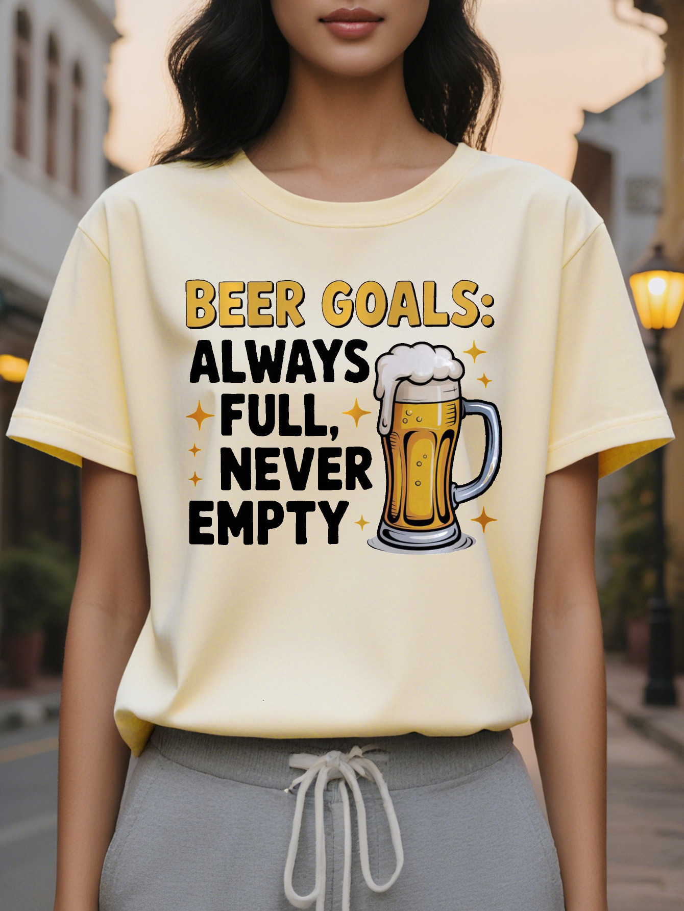 Women's Fun Lover T-shirt Beer Goal Always Full Never Empty Slogan Mug Pattern White Casual Round Neck Summer Top