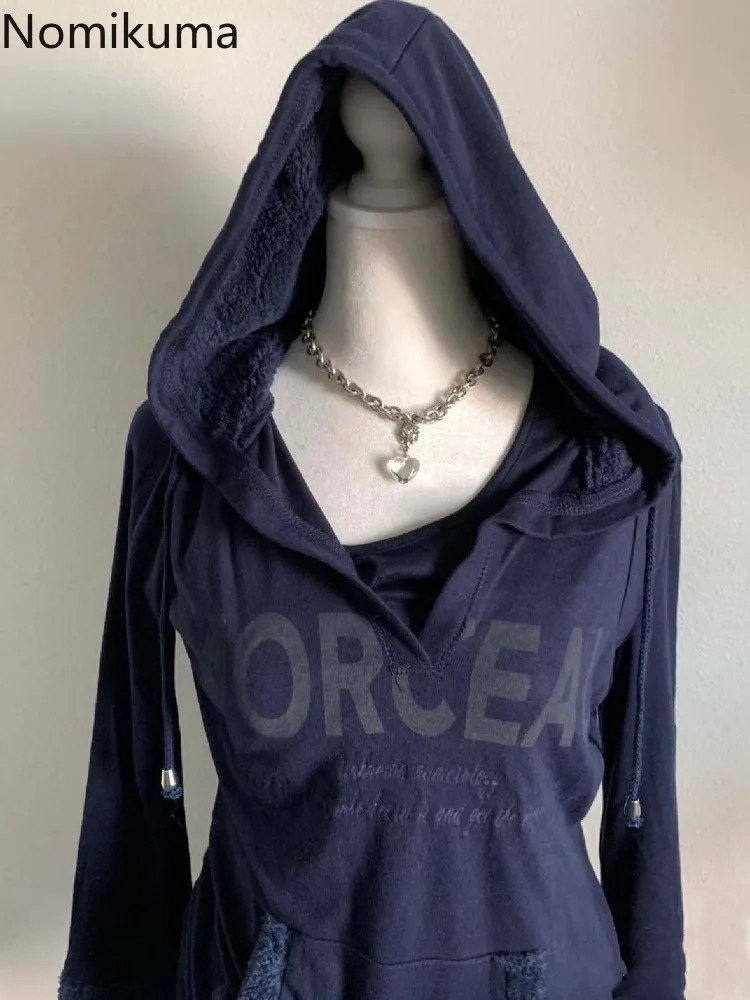 Womens Clothing Vintage Hoodies Lamb Fleece Patchwork Hooded Sweatshirt for Women Casual Korean Fashion Y2k Hoodie Tops 250904