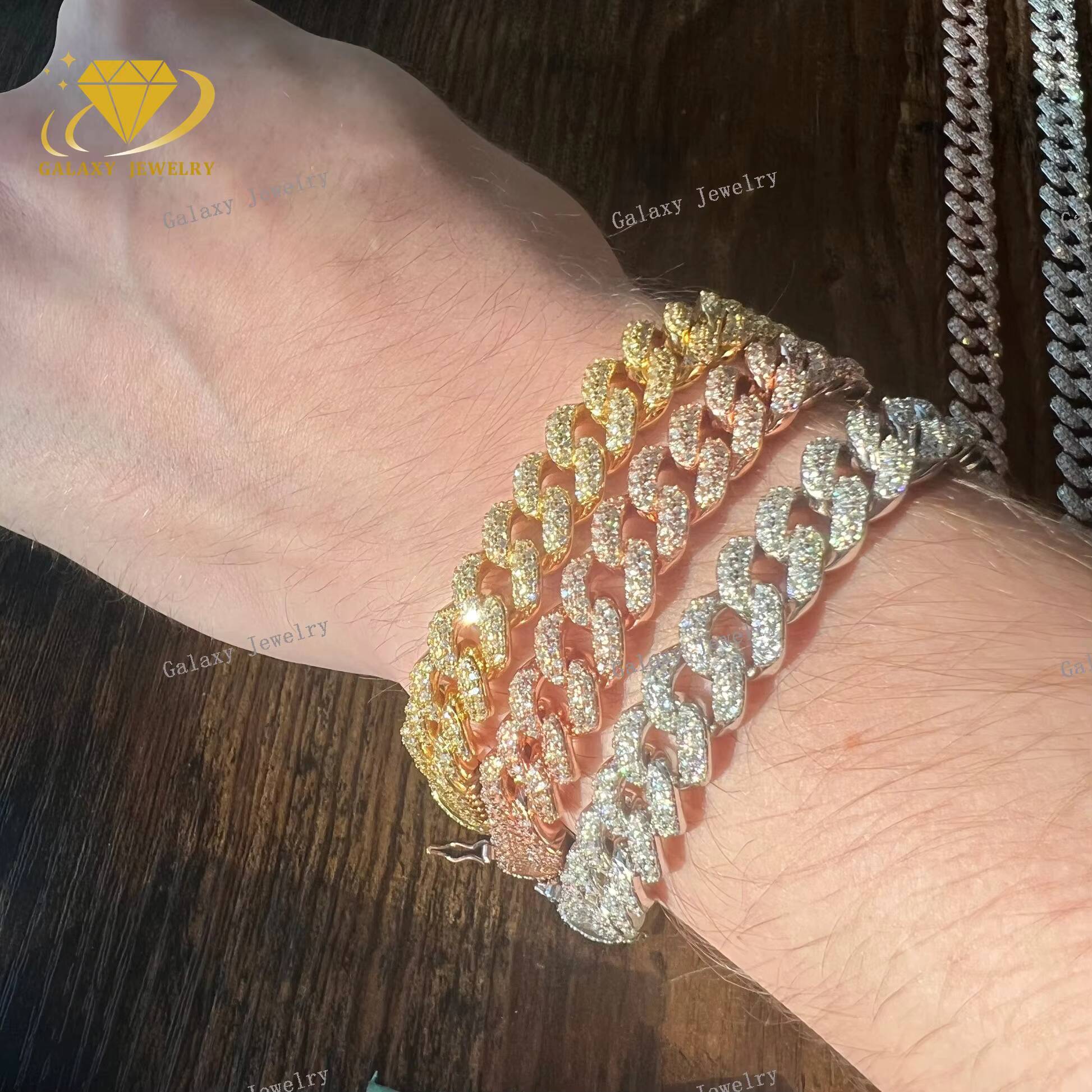 Hot Sale Luxury Women Iced Out Jewelry 925 Silver Rose Gold Plated 8mm Cuban Link Chain Moissanite Diamond Cuban Bracelet