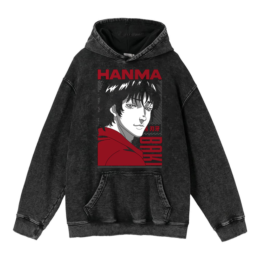 440g Heavyweight Washed Vintage Finish Baki Hanma Anime Street Retro Cotton Hoodie - TT8292