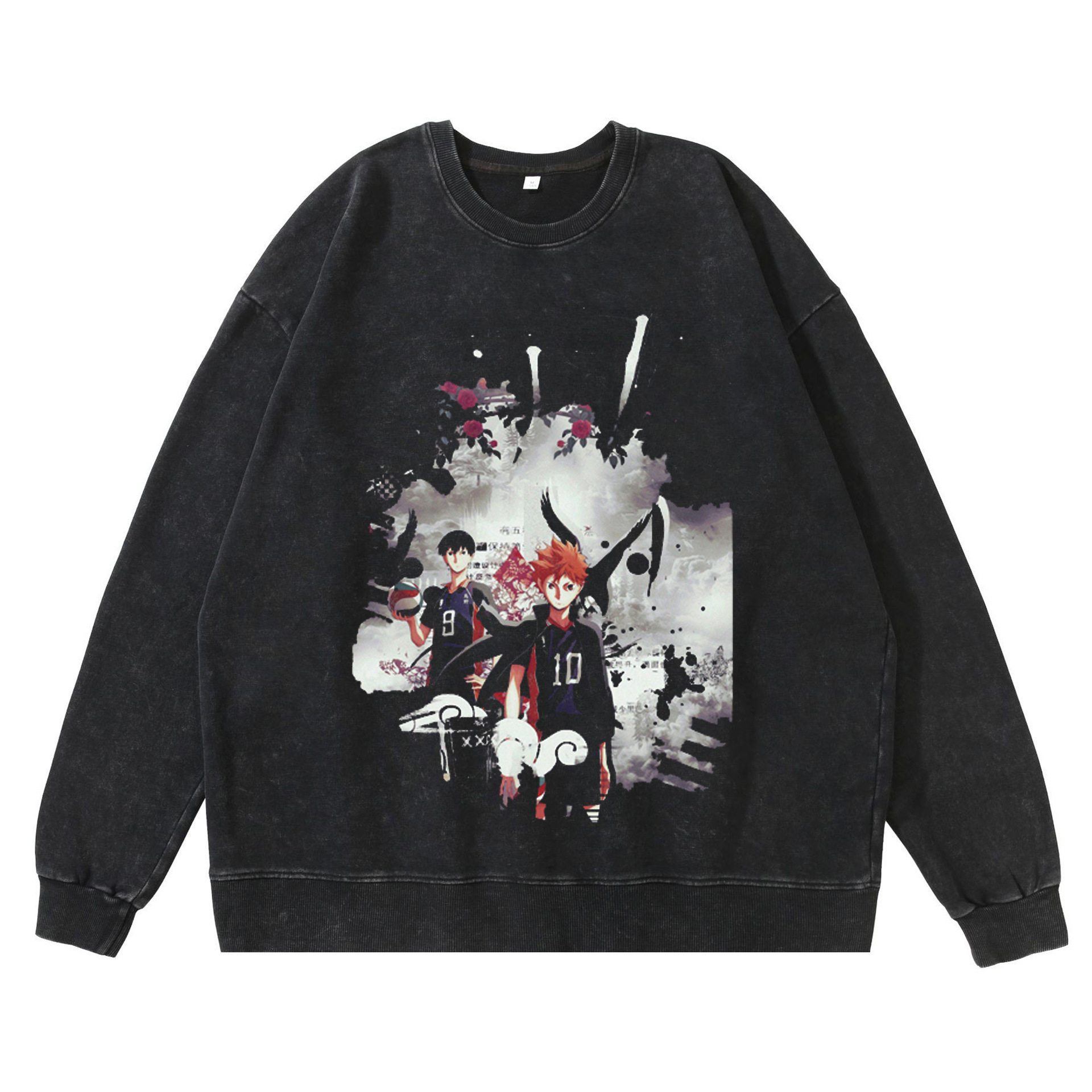 Haikyu!! Streetwear Collection: Washed Out Retro Hoodie with Cartoon Anime Design - TT8085