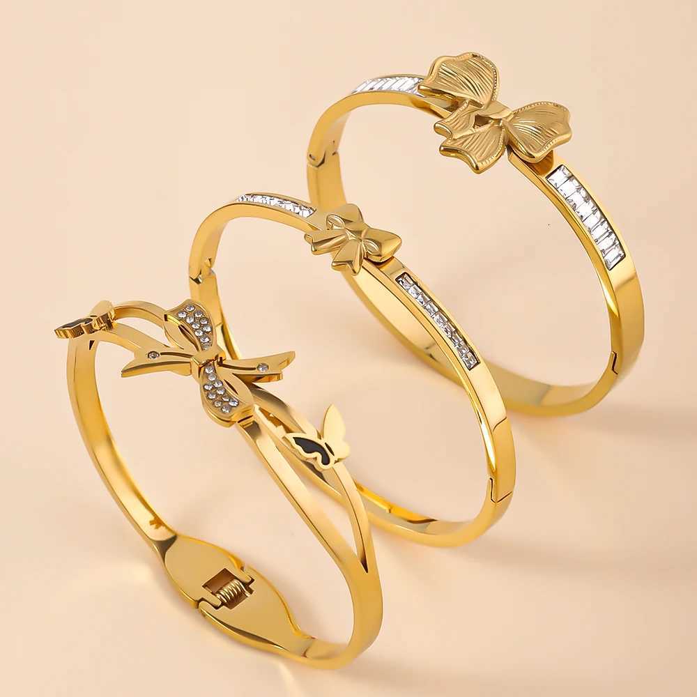 ZHIRUI Stainless Steel Gold Color Metal Cuff Bracelet Wens Luxury Shining Zircon Bracelet Daily Wrist Jewelry Y250904