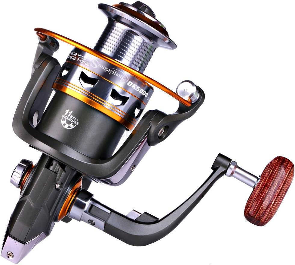 Spinning Fishing Reels with LeftRight Interchangeable Collapsible Wood Handle Powerful Metal Body 521511 Gear Ratio Smooth 11BB for Inshore Boat Rock 