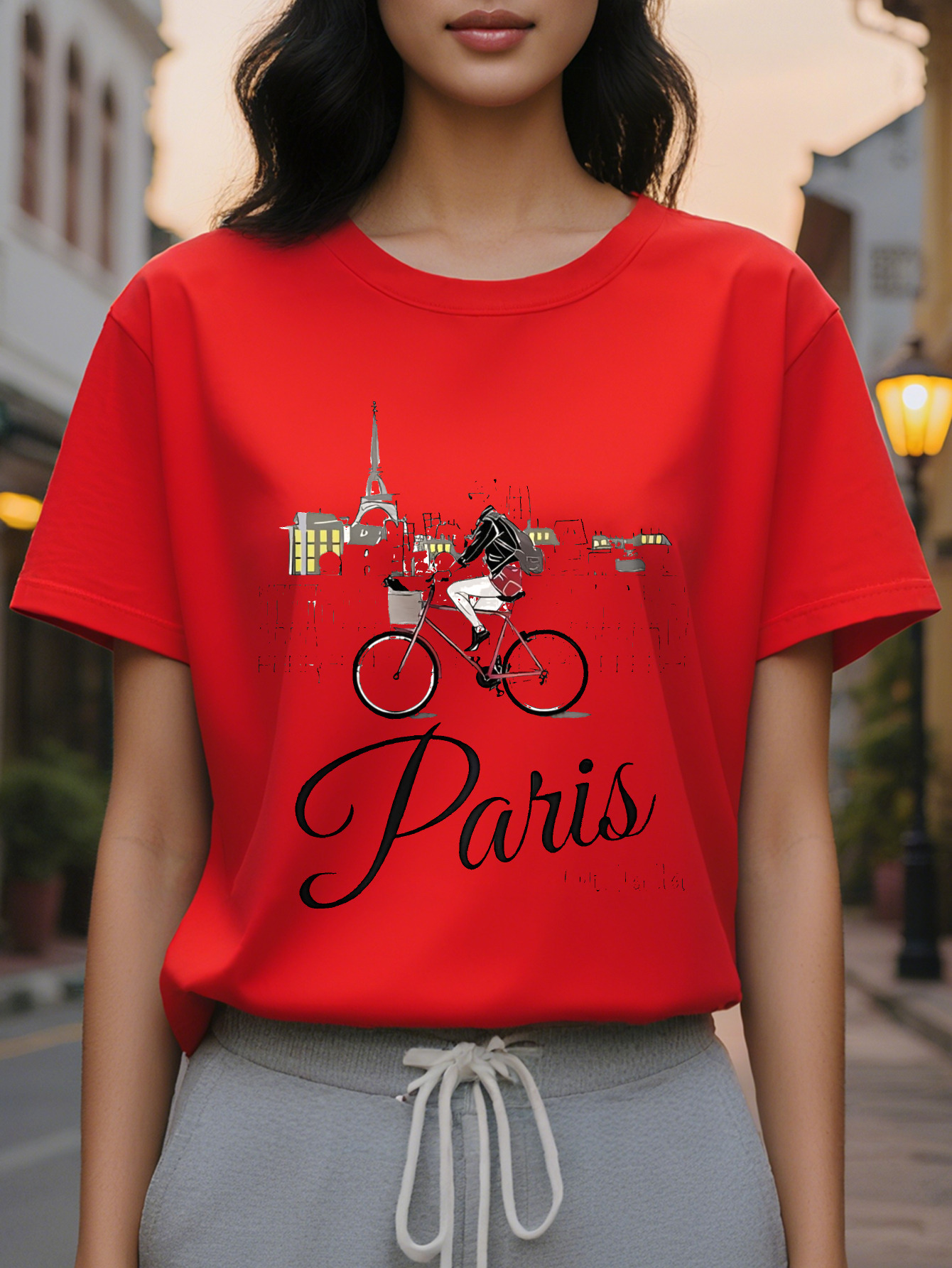 Paris Printed T-Shirt, Round Neck, Casual Top, Suitable for Autumn and Winter Season, Women's Clothing