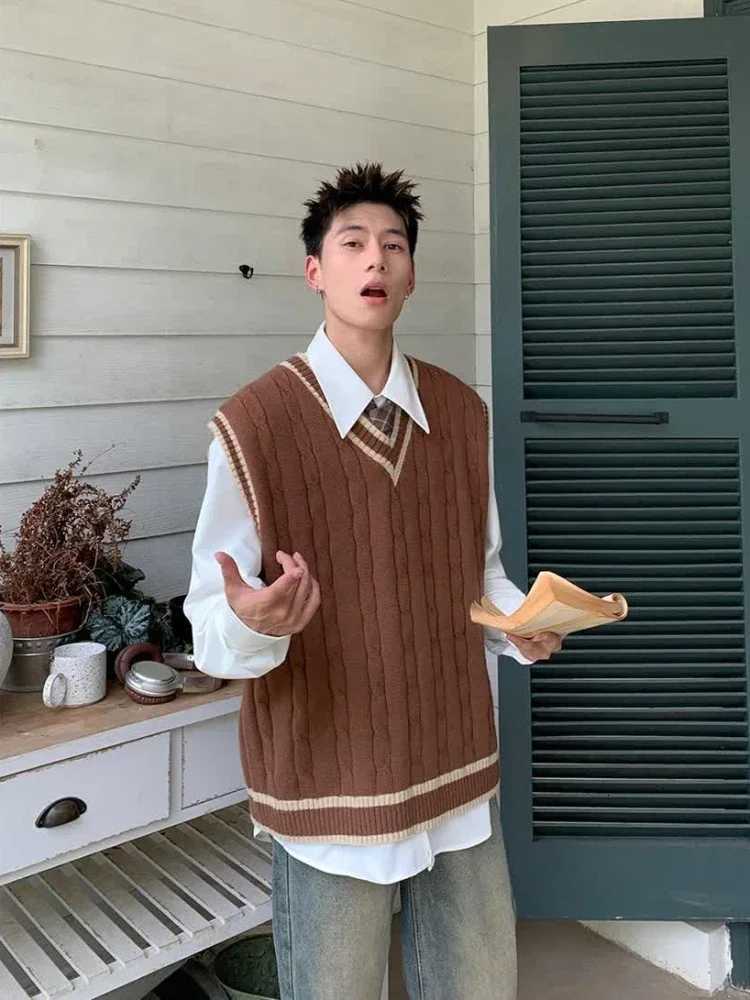 V Neck Knit Sweater Male Black Waistcoat Striped Brown Vest Mens Clothing Sleeveless Aesthetic Meme Old Korean Autumn Clothes AXJ250904