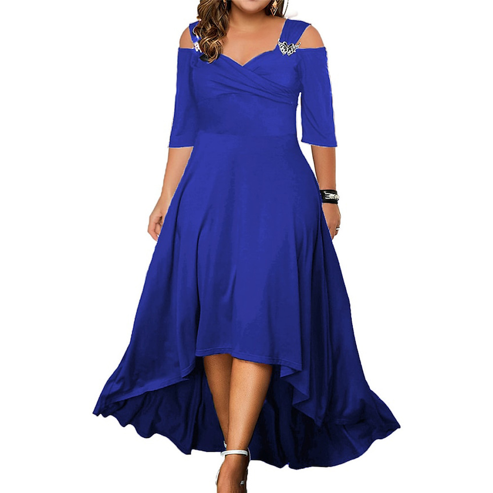L3812European and American solid color sexy off-the-shoulder long swing dress summer plus size women's long skirt