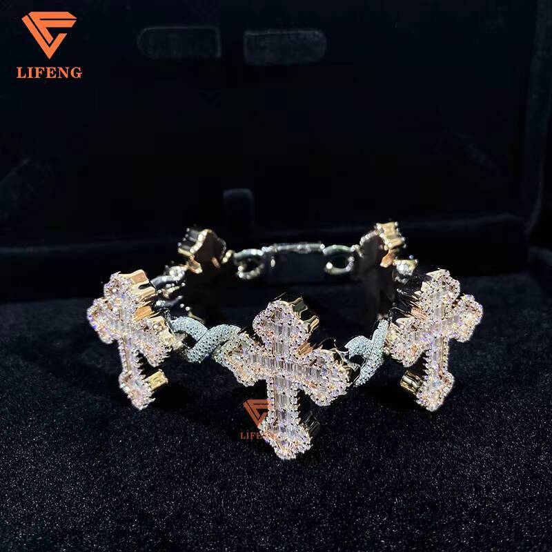 Fine Jewelry Bracelets Custom Two Tone Iced Out Baguette Moissanite Cross Bracelet 925 Silver Hip Hop Charms Bracelet for Women