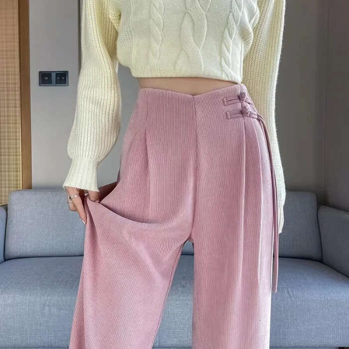 Meilade Autumn Winter New Chinese Style Buttoned Fleece Chenille Wide-Leg for Women High Waist Draped Straight Casual Pants