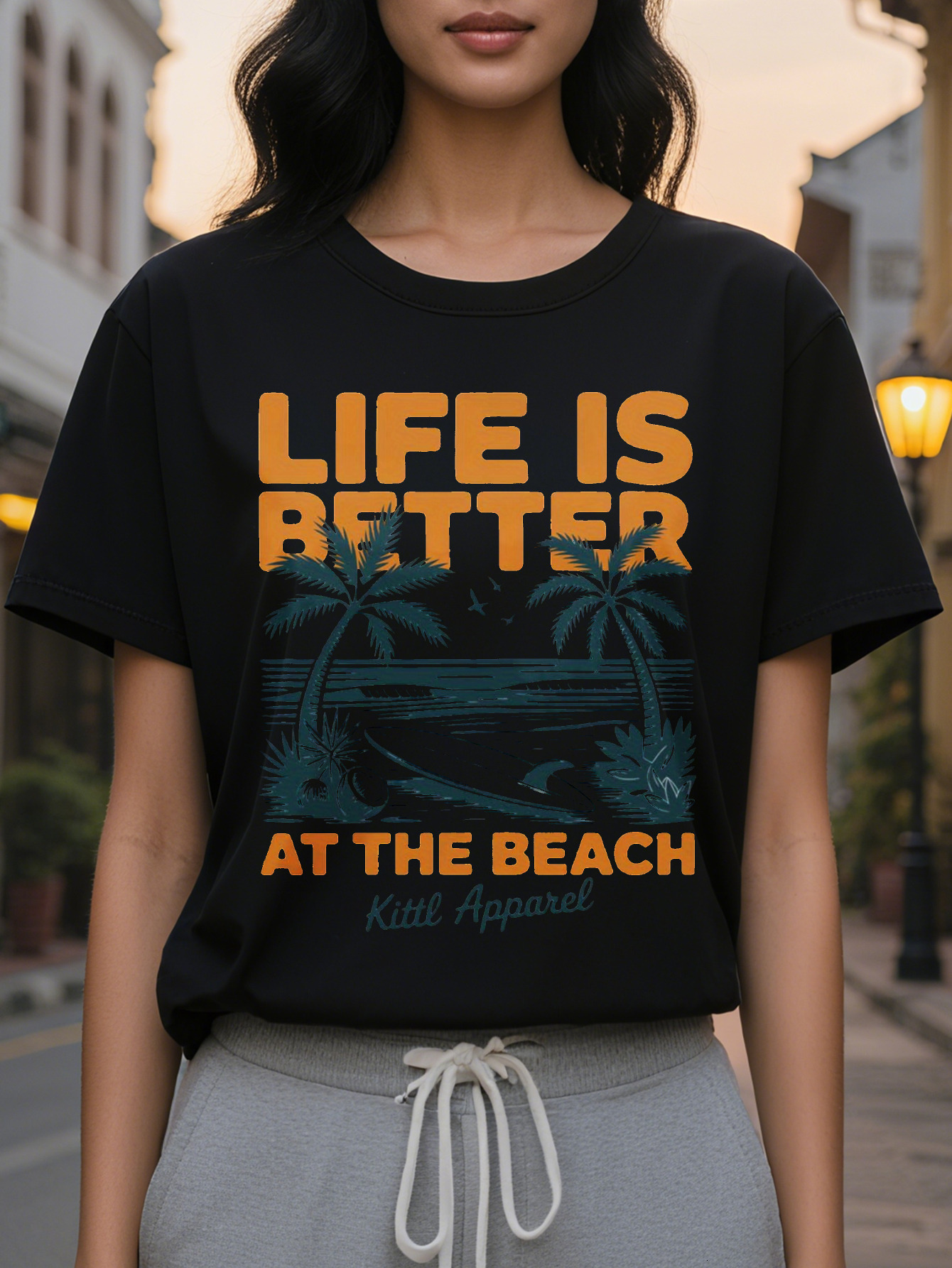 Ladies White T-Shirt Beach Theme Pattern Jacket Printed with Better Life at the Sea Round Neck Soft Summer Casual