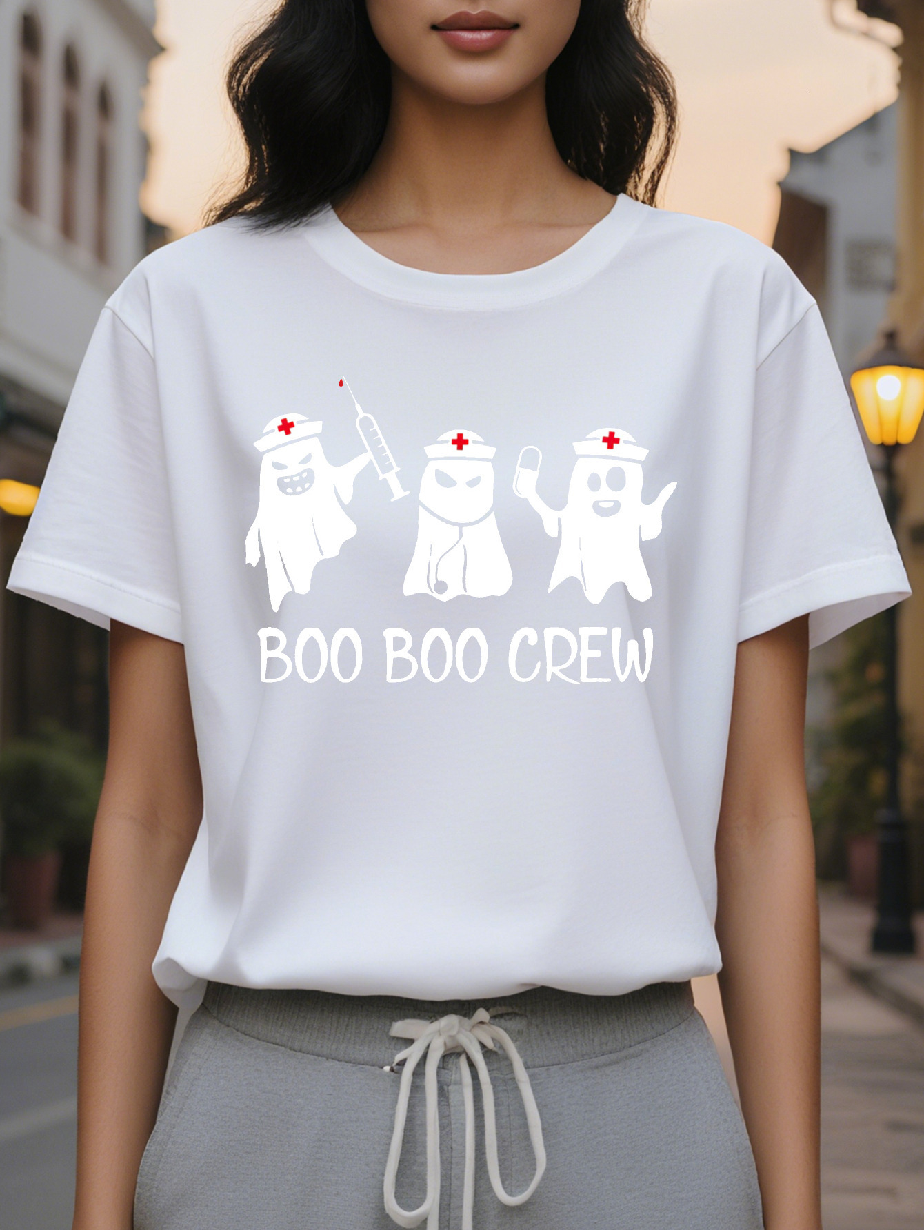 Large XL Women S Nurse Graphic T-Shirt Playful Ghosts BOO Slogan Print Soft Round Neck Tee for SpringSummer Comfortable Plus Size