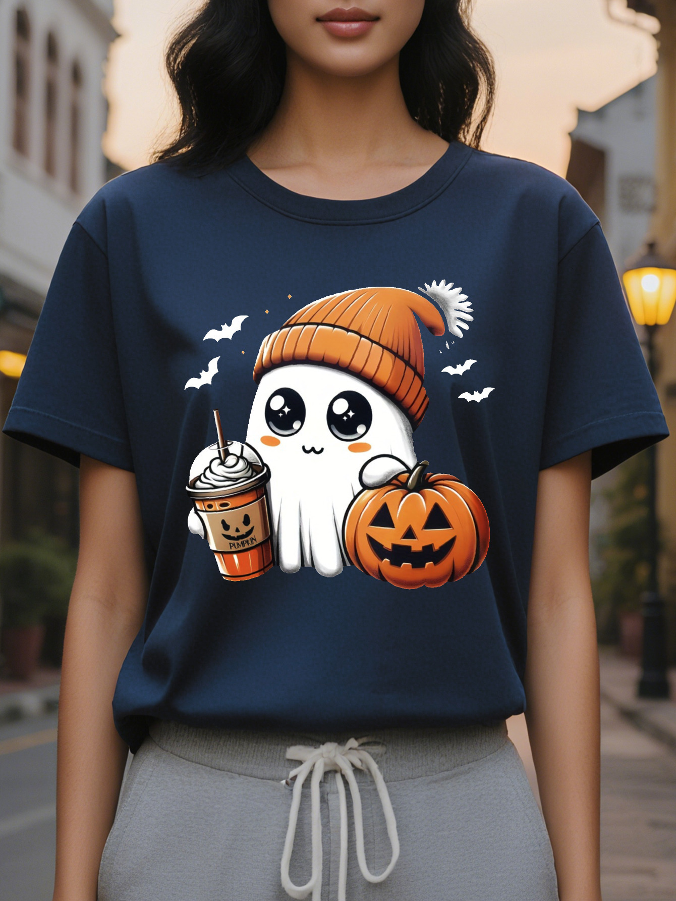 Women's casual short sleeve round neck T-shirt with pumpkin and ghost application cotton knit fabric regular cut
