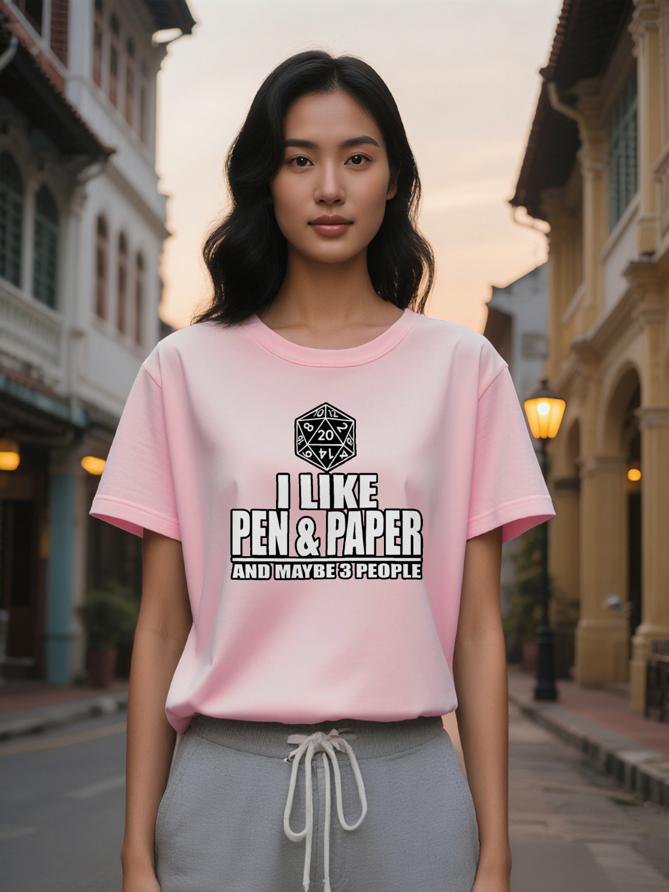 Large XL Lady Crew Neck T-Shirt with I Like Pen Paper and Dice Print Black Graphic Tee Gamers Perfect Gift for Him Casual Plus Size