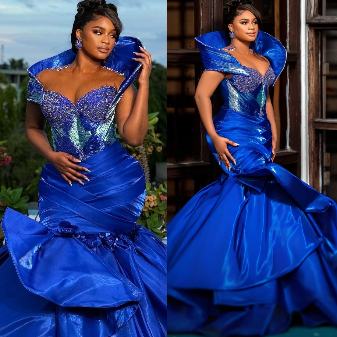Aso Ebi Royal Blue Mermaid Prom Dress 2025 Beaded Crystals Flowers Satin Evening Formal Party Birthday Dresses Robe De Sorrie Reception Gowns For Spec