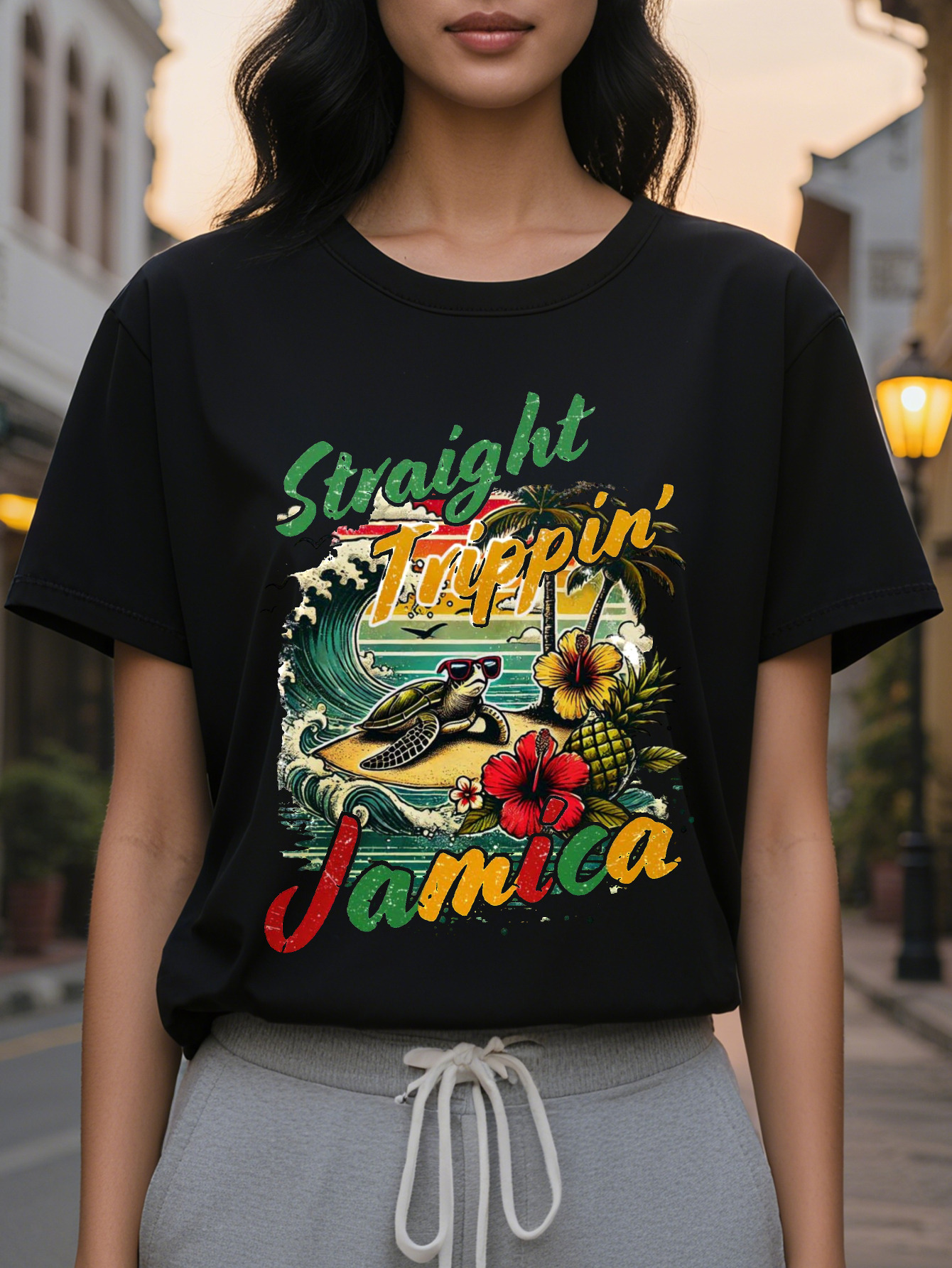Women s elegant summer T-shirt, white short sleeve, round neck top with vibrant tropical print, Straight Tip Jamaica