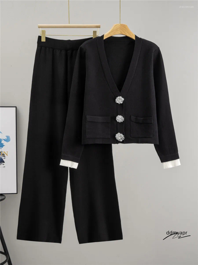 Women's Two Piece Pants Korean Design Knitted 2 Sets Women Big Button V-Neck Long Sleeve Ddmyday Cardigan Tops Conjuntos High Waist Wide Leg Outf