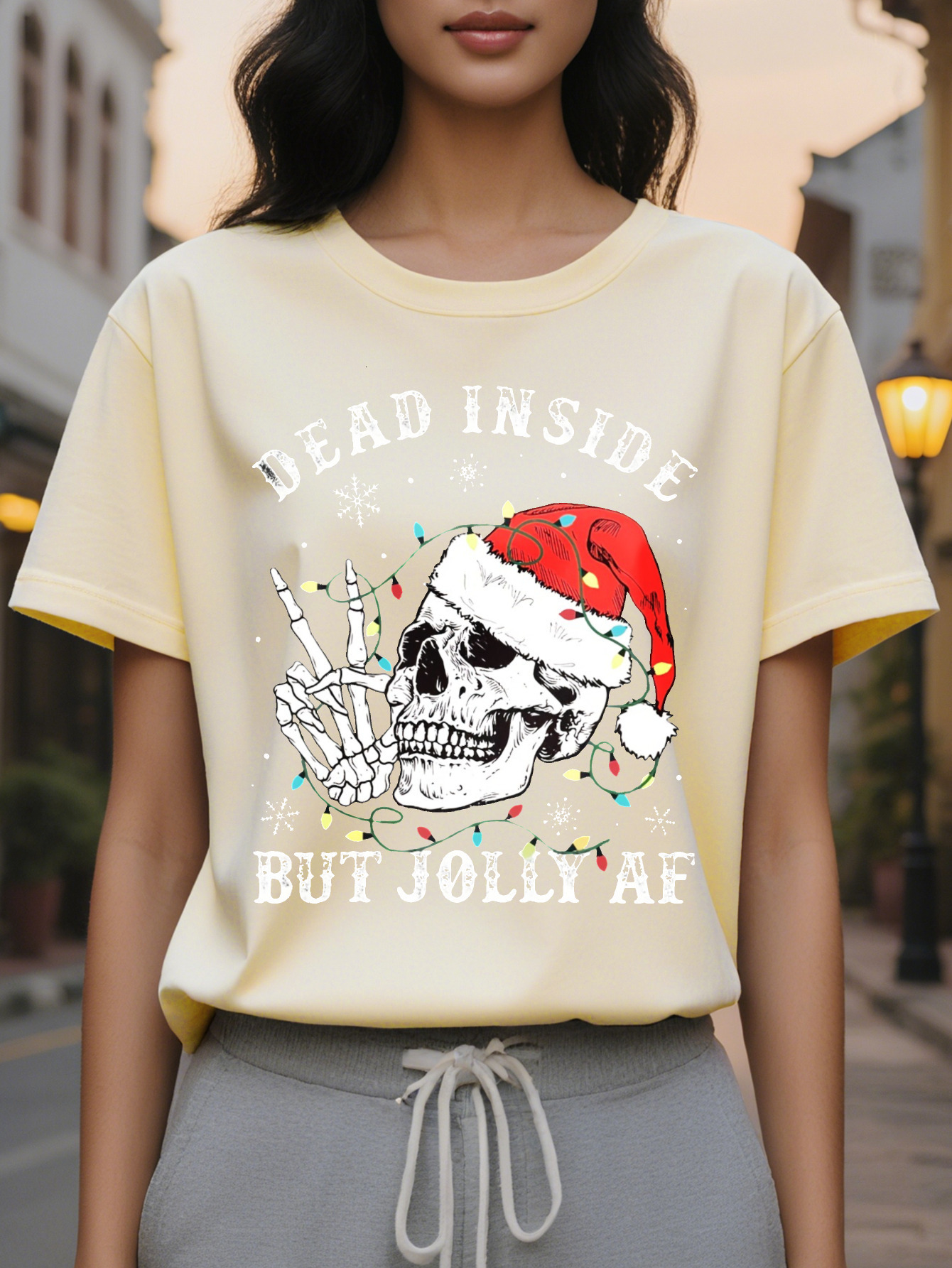 Large XL Women's Christmas Skull Print Crew Neck T-Shirt Soft Micro Elasticity Cotton Fabric Regular Length Hand Washable Plus Size