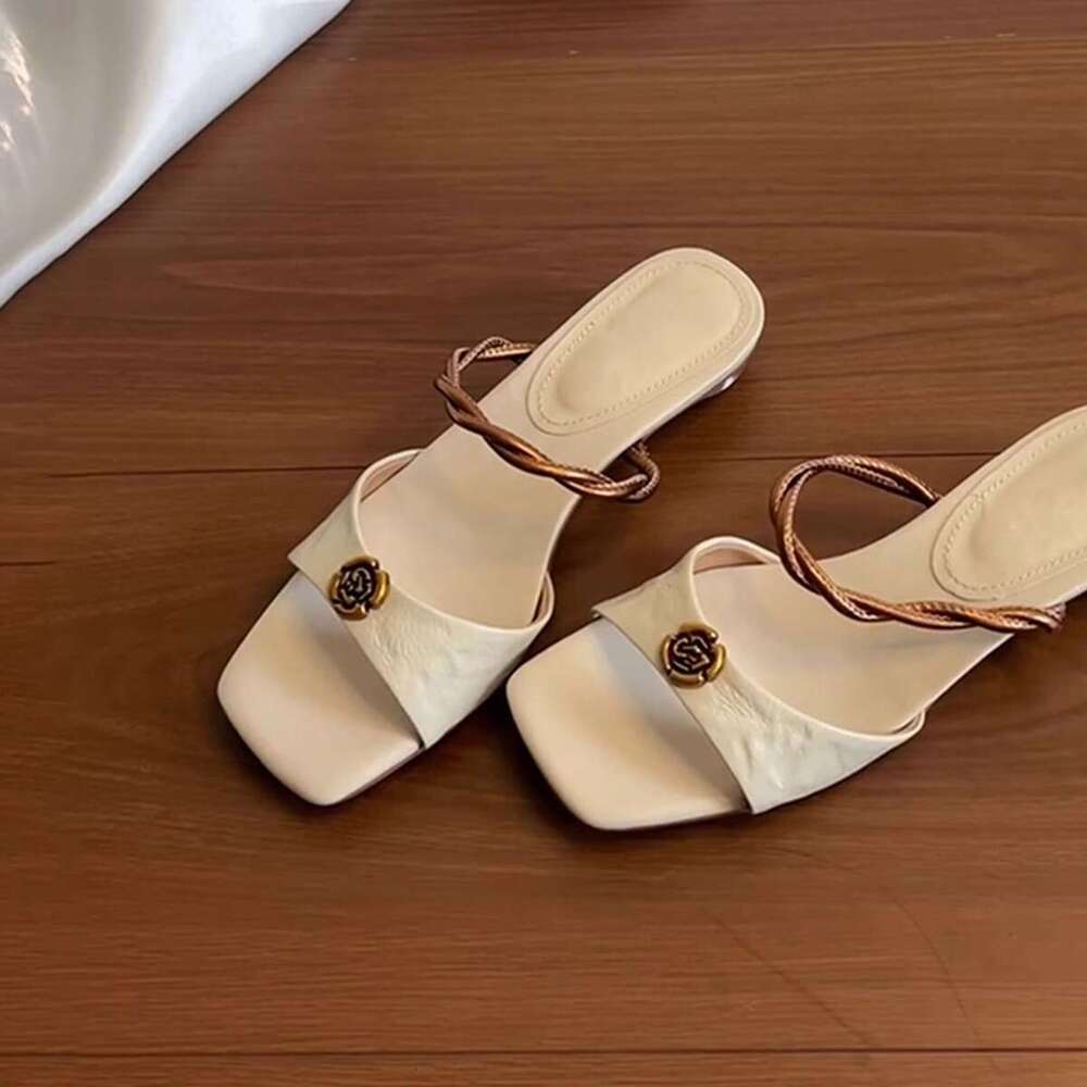 Sheepskin Version~ New Squ Toe Genuine Leather One-Strap Women's Outdoor Designer Shoe Open-Toe Camellia Low-Heel Sandals