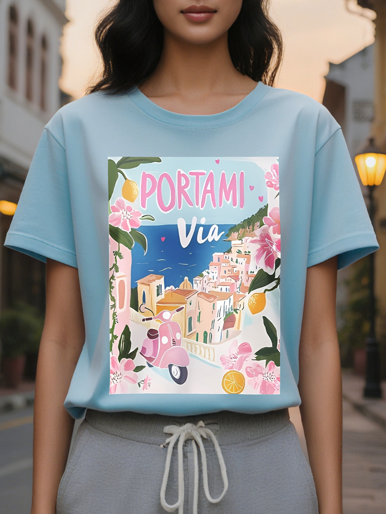 Large XL Women's Casual Short Sleeve T-Shirt Portofino Italy Graphic Print with Floral Pastel Buildings Soft Pink Round Plus Size
