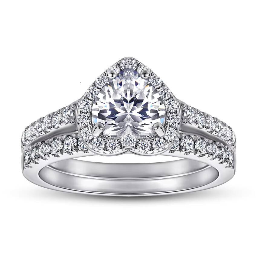925 Sterling Silver Wedding Ring Set Classic Love Heart Design with Bezel Diamond Rhodium and Gold Plating