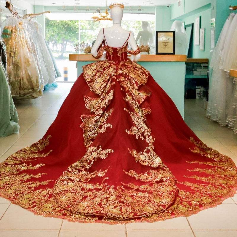 Red Princess Off the Shoulder Sweet 16 Dress Quinceanera Dresses Gold Applique Lace Beading Tull Party Birthday Vestidos 15 De Anos