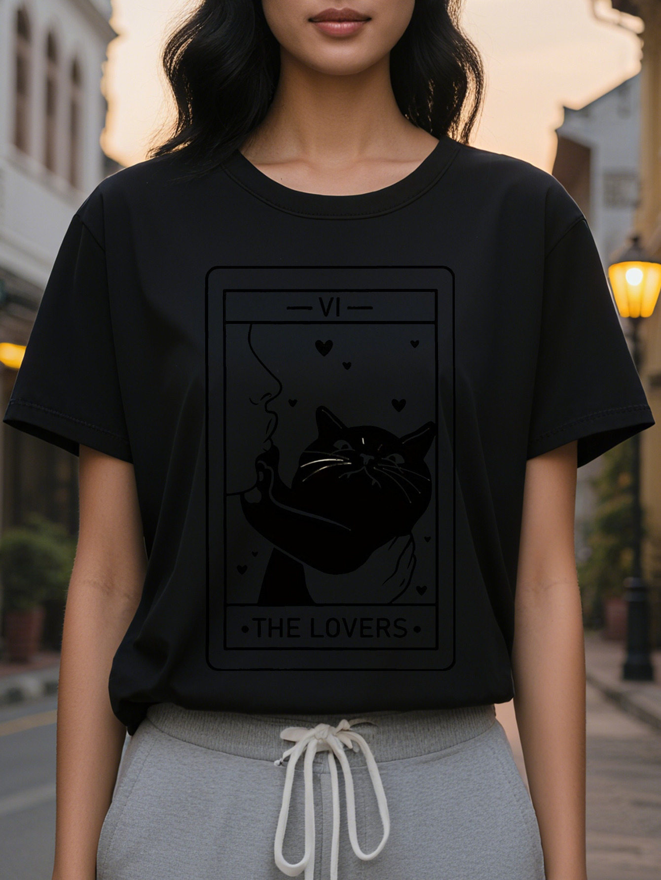 Large XL Women's Tarot The Graphic T-Shirt Whimsical Witch Hat Black with Hearts Design Soft Crew Neck Tee for Lovers Plus Size