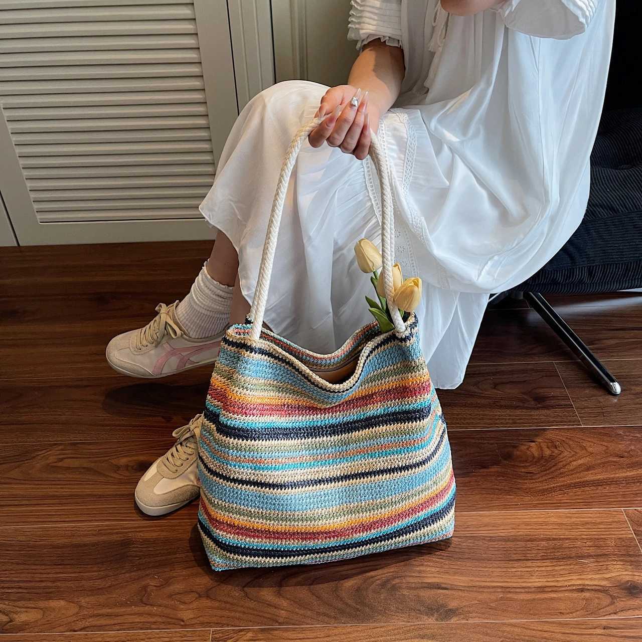 2025 Summer New Arrival Crossborder Woven Tote Bag Largecapacity Lightweight Straw Weave Beach Bag Womens ShoulderUnderarm H Z250903