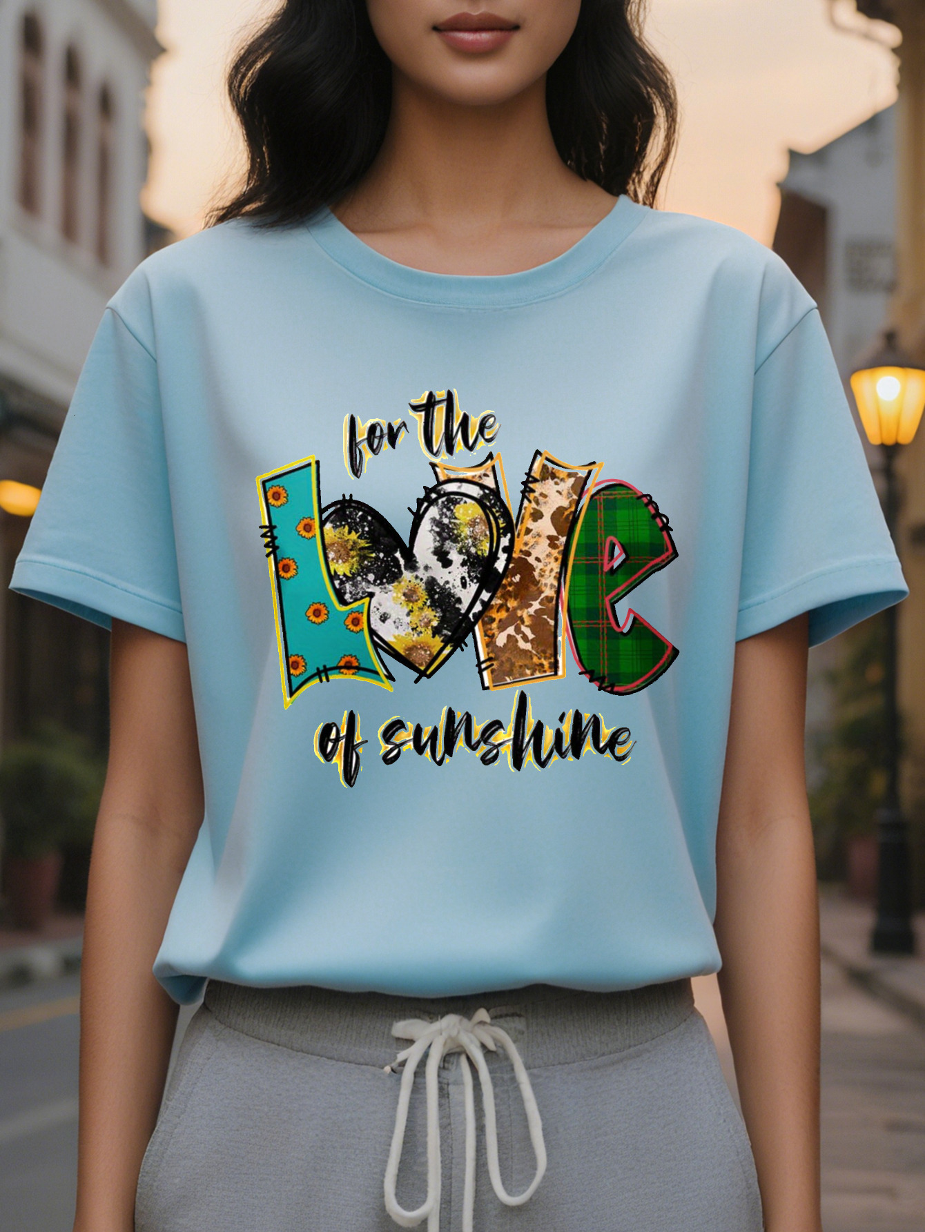 Women's White T-shirt Color for Love of the Sun Pattern Short Sleeves Round Neck Casual Summer Top Fun Design