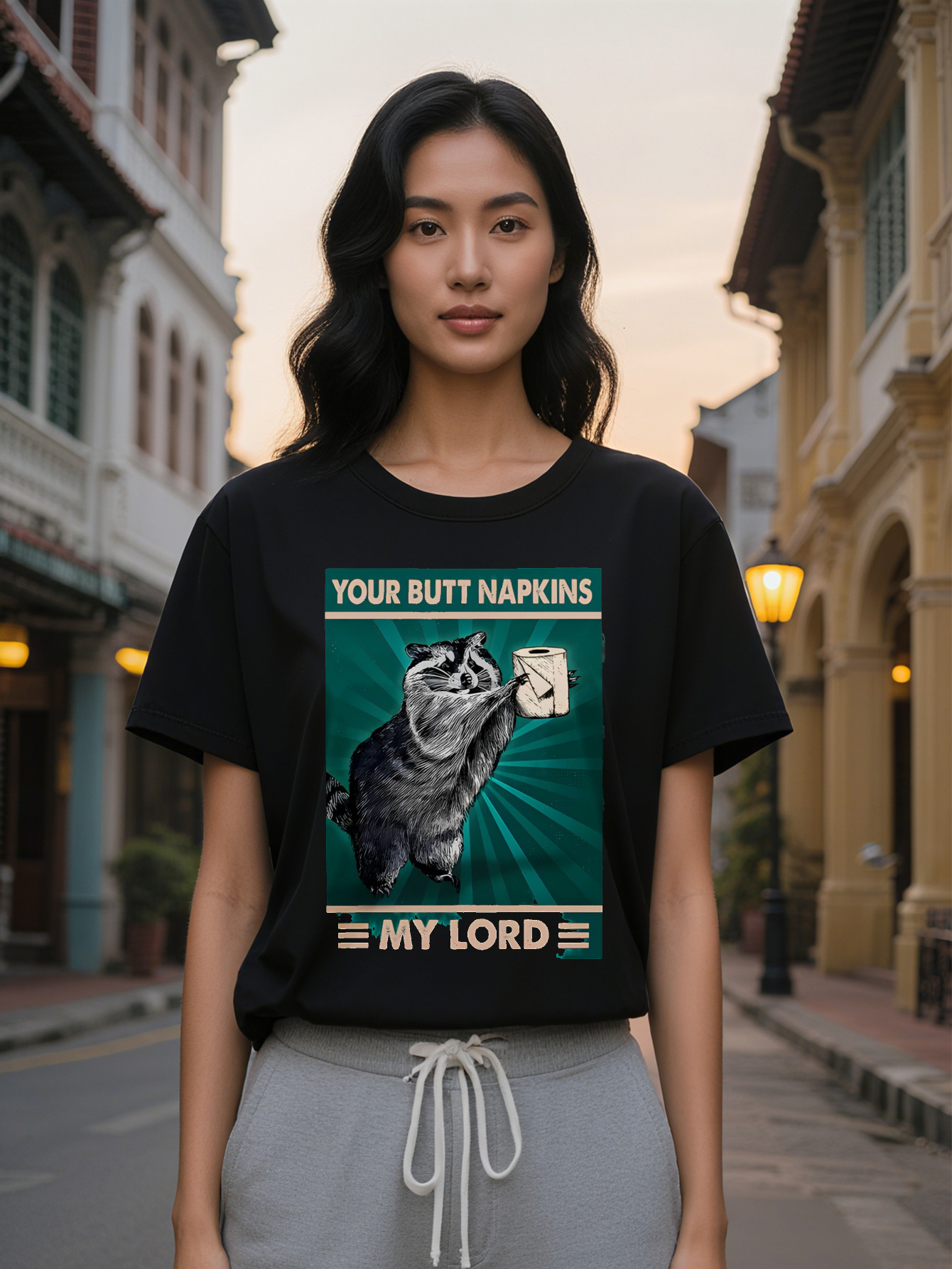 Casual Graphic T Shirt with Raccoon Toilet Paper Print Your Butt Napkins My Lord Black Round Neck Summer Tee