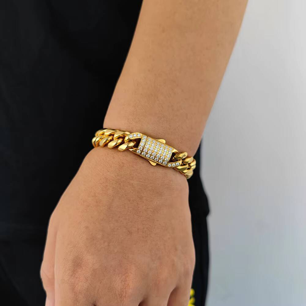 NUOYA 18K Gold Plated Cuban Bracelet Men 10mm 12mm 14mm Stainless Steel Miami Hip Hop Chain Custom Length Wholesale Jewelry