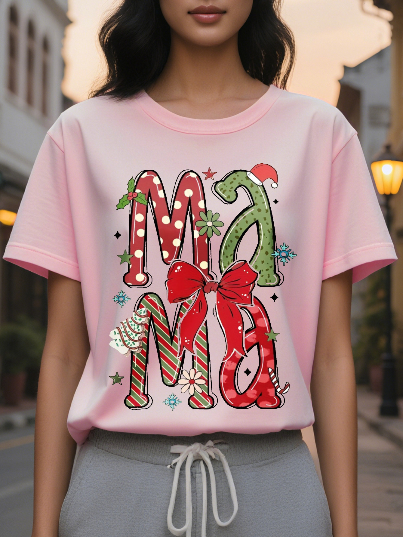 Large XL Cotton Knit All Season Women's Christmas Festive Print Casual Round Neck T-Shirt Regular Length Plus Size