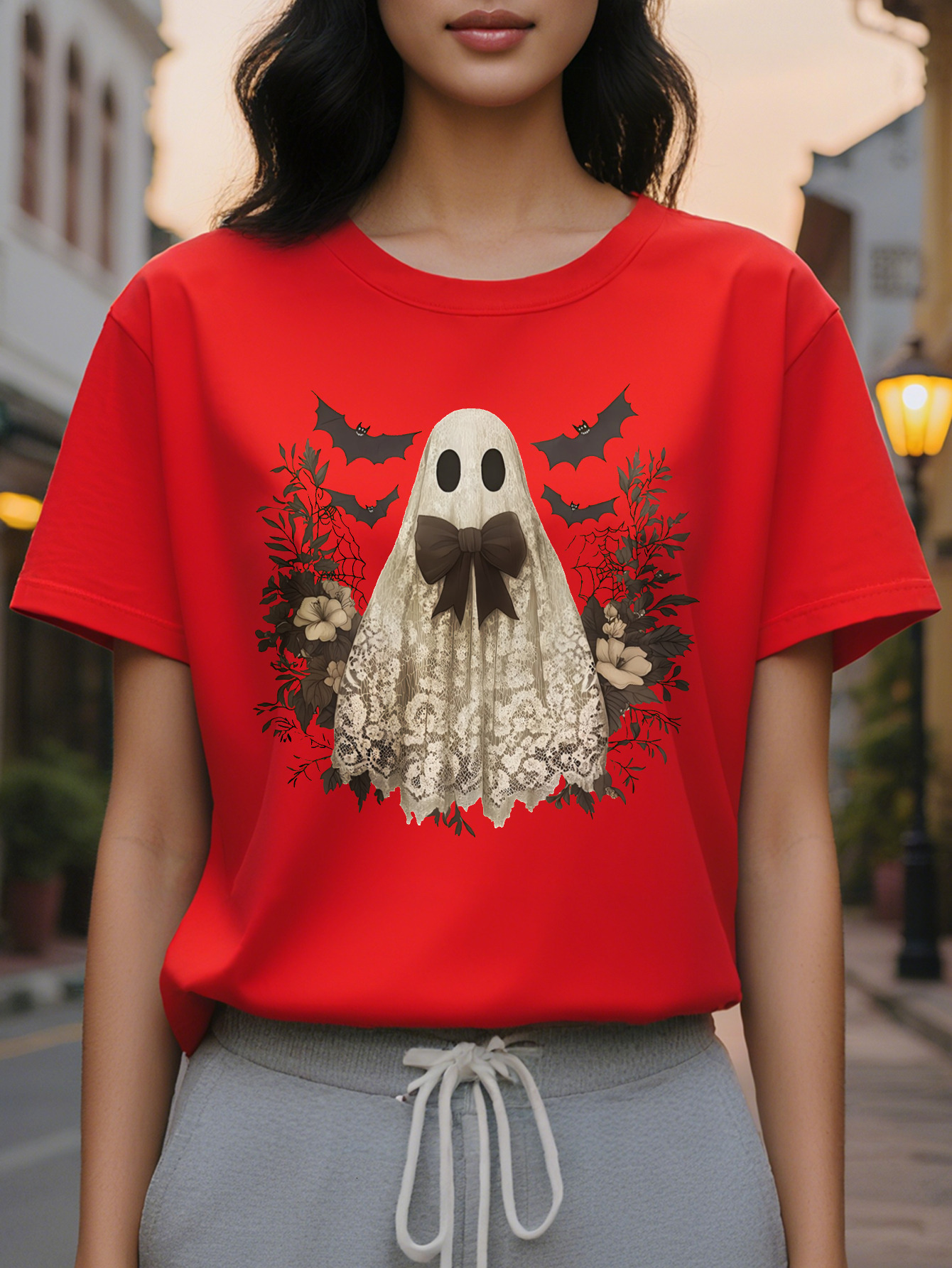 Large XL Women's Halloween T-Shirt Light Gray Graphic Tee with Floral Print Soft Round Neck Casual Top for Everyday Costume Plus Size