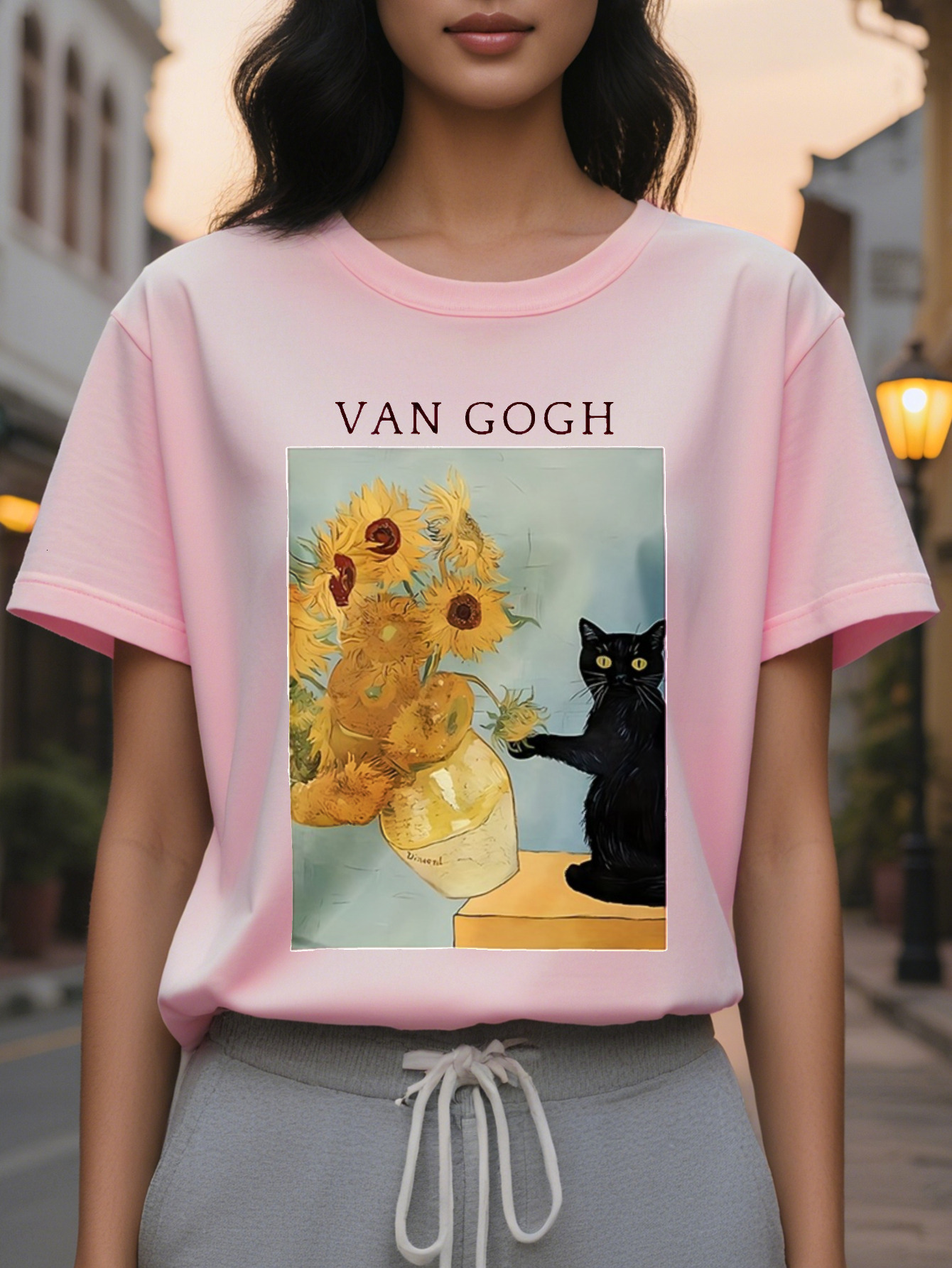 Women's Inspired Pink T-Shirt Translucent Round Neck Short Sleeve Top Printed with Sunset Starry Night Letters Casual