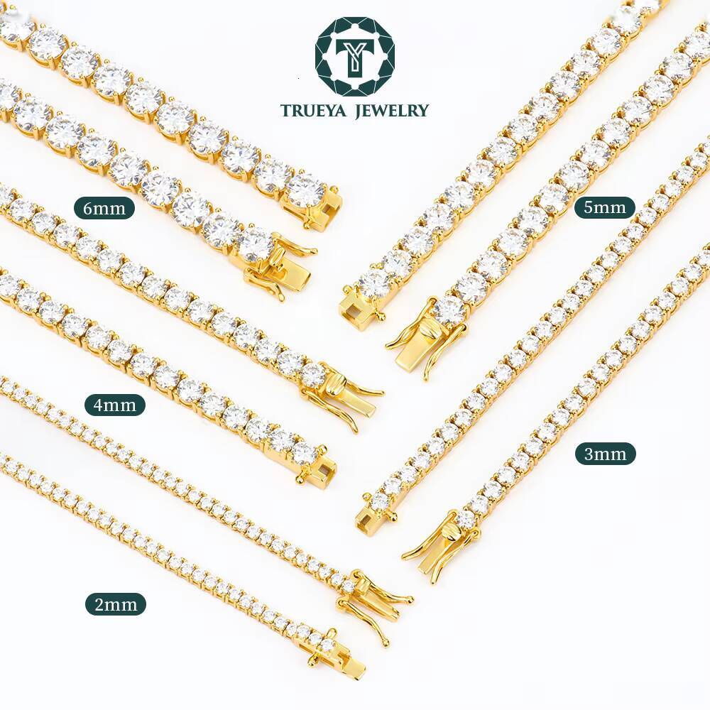 Hot Selling Hiphop Jewelry 26mm 925 Silver Yellow Gold Plated Tennis Link Chain Round Brilliant Cut Moissanite Necklace for Men