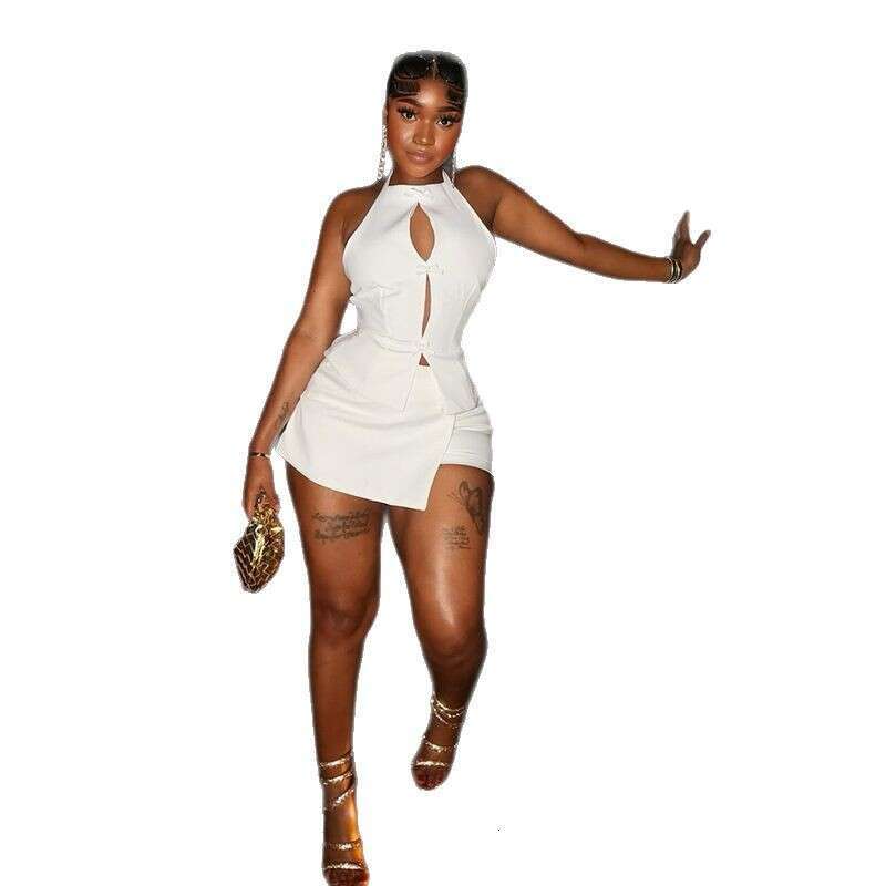 European and American Style Cross-Border Elegant Women's Fashion New Summer Solid Color Hollow Out Ruched Bodycon Skirt Two-Piece Set for Women P