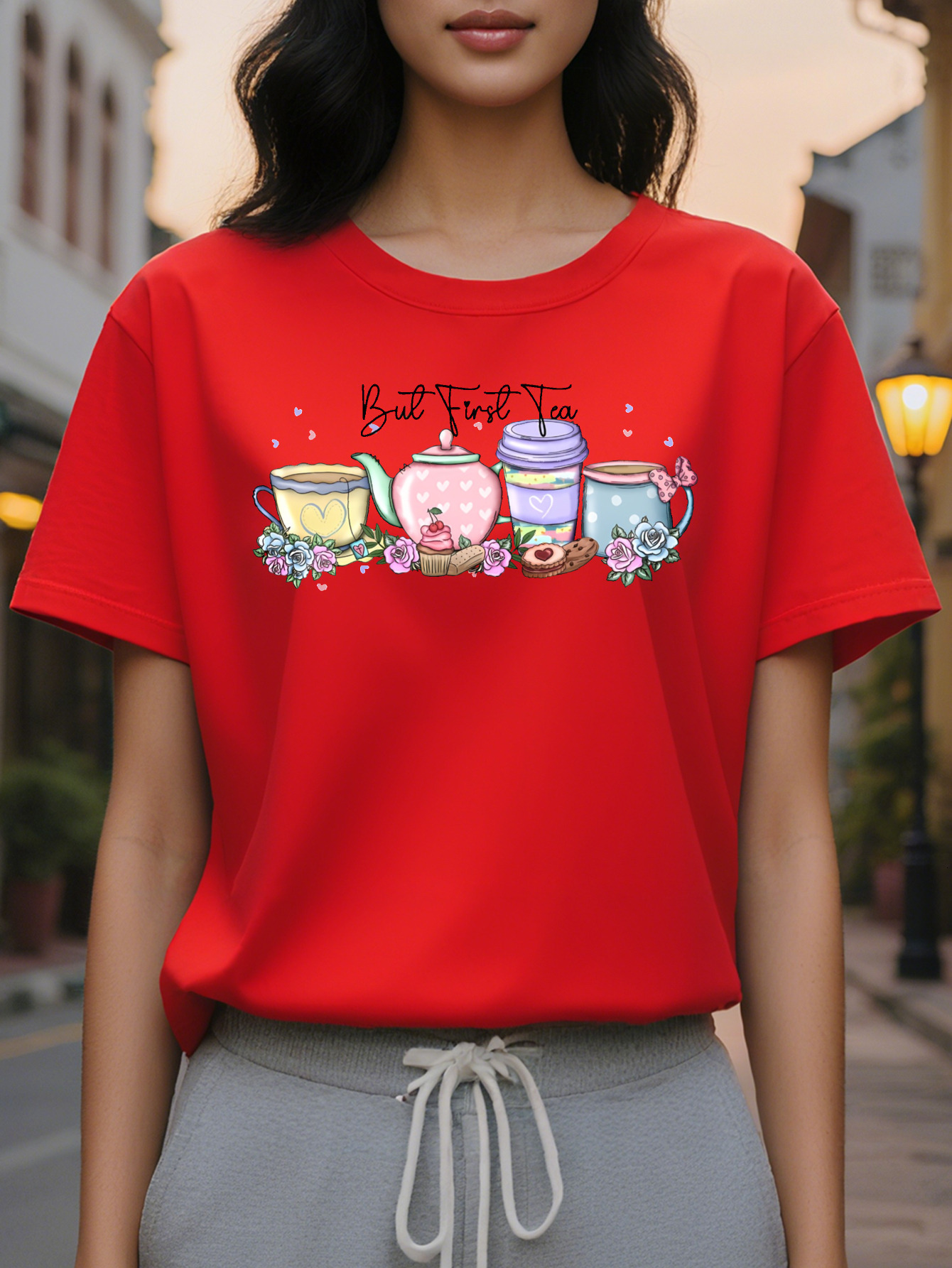 Large XL Women S Light Purple But First Graphic T-Shirt Casual Round Neck Short Sleeve Cotton SpringSummer Collection Plus Size