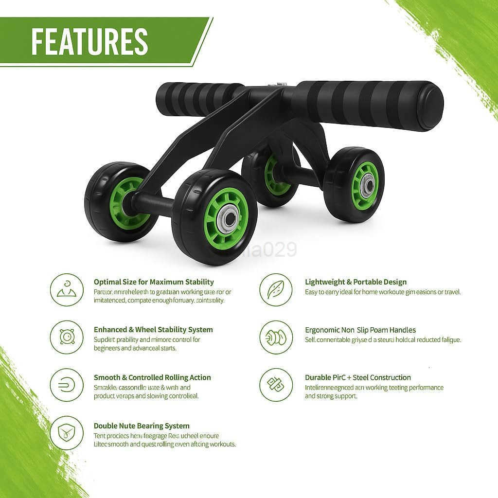 4Wheel Ab Roller with Knee Pad Abdominal Exercise Wheel for Core Strength Training Stable Ab Workout Equipment for Men Women NonSlip Handles Smooth Be