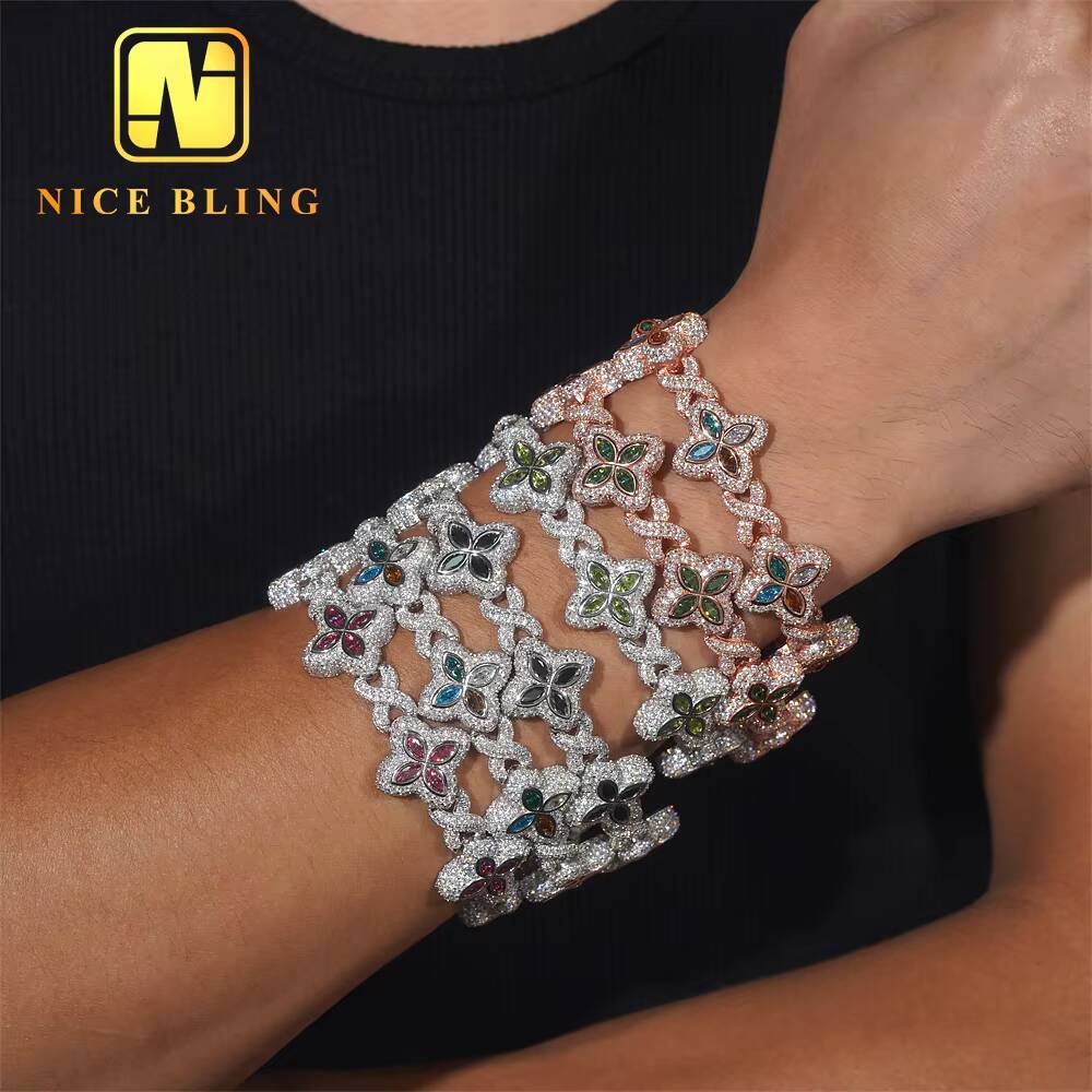 New Fashion Sells Well 925 Sterling Silver Marquise Flower Design Hip Hop Jewelry Iced Out Moissanite Infinity Bracelet Men
