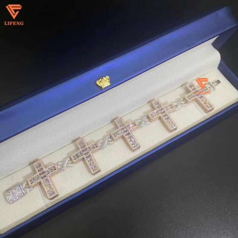 Lifeng Jewelry Ice Cross Cuban Link Chain Hiphop Baguette Out VVS Moissanite Two Tone Solid Sterling Silver Men Women Bracelet