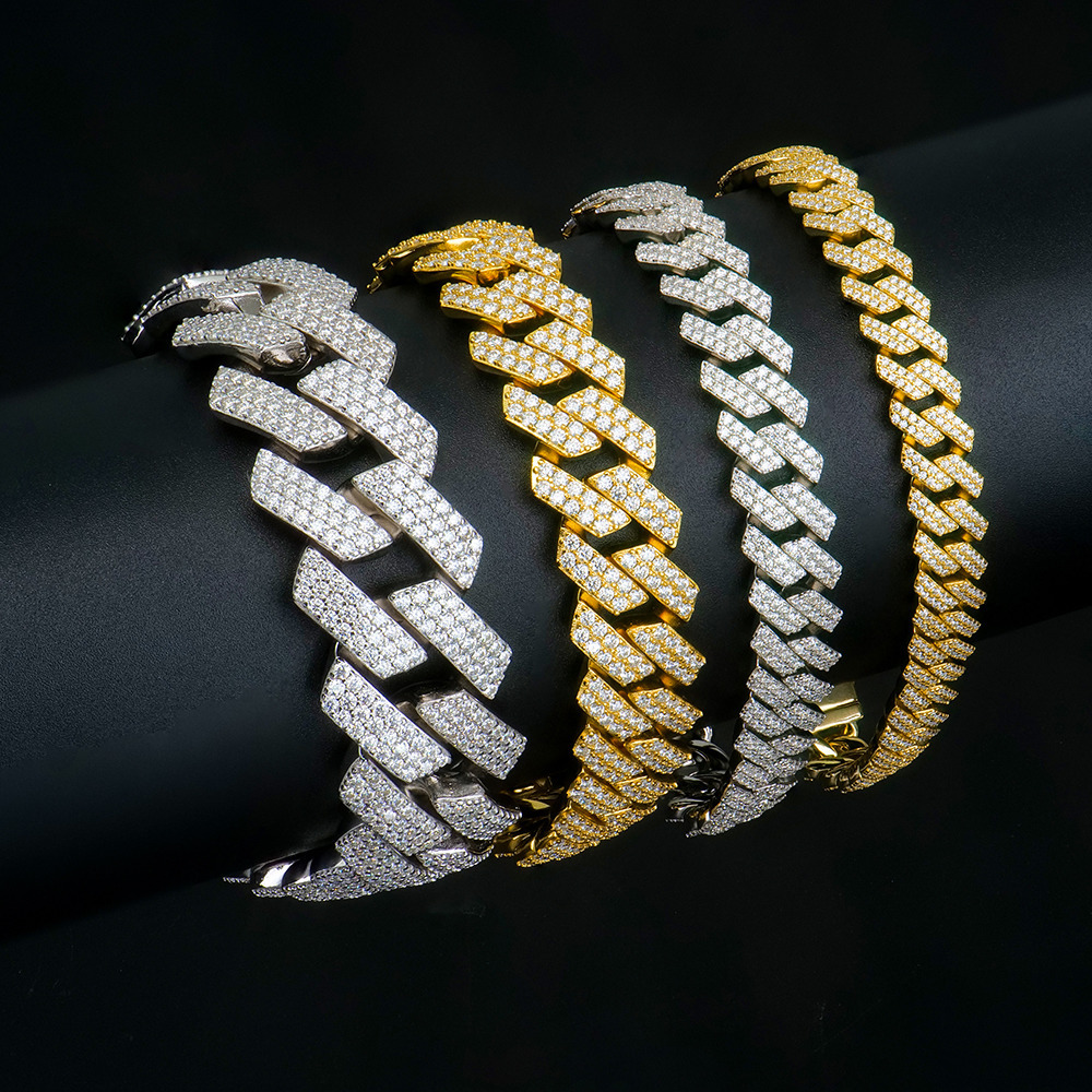 Miami Iced Out VVS Moissanite Diamond Cuban Link Chain Bracelet 820mm Sharp Style 925 Silver White Gold 18k Gold Plated for Men