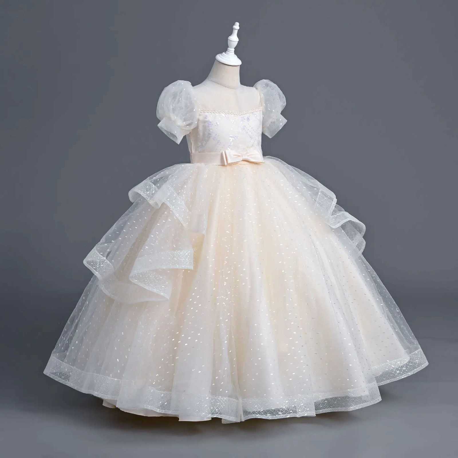 Youth Girls Summer New Sequin Bubble Sleeves Long Mesh Fluffy Skirt School Graduation Ceremony Fashion Grand Evening Dress Z250904