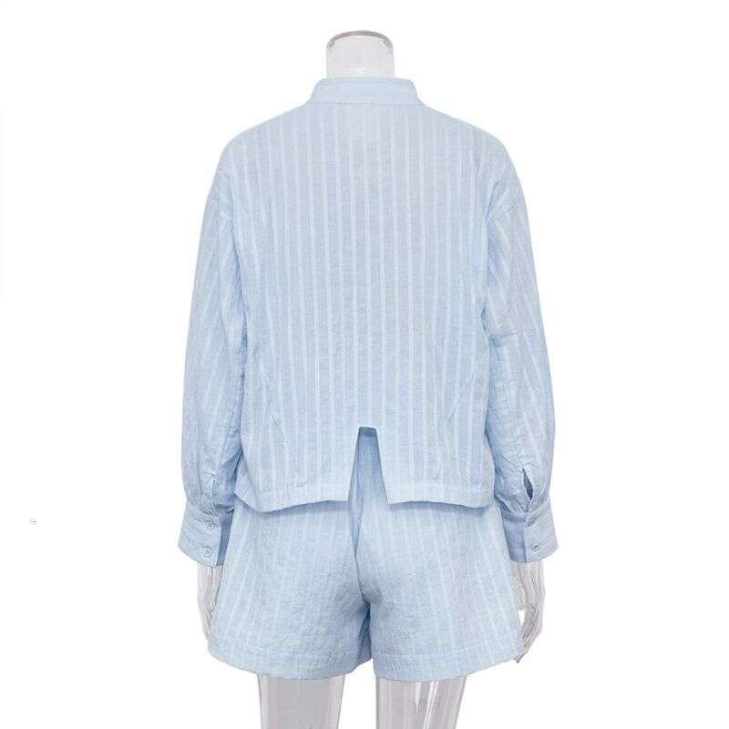 Women's Clothing Cotton Jacquard Striped Casual Stand Up Collar Puff Sleeve Button Shirt Shorts Suit