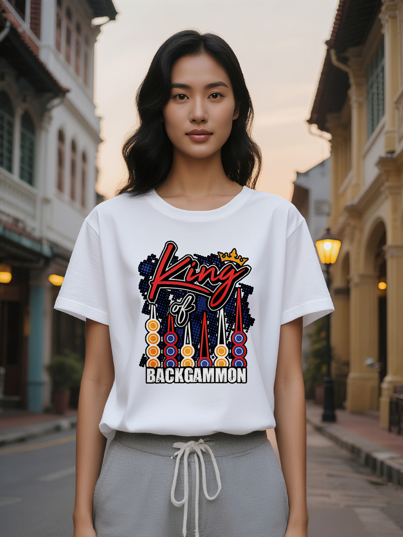 Large XL Casual King of BACKGAMMON Print T-Shirt Black Crew Neck Tee with Crown Swords Design Gaming Themed Apparel Perfect Plus Size