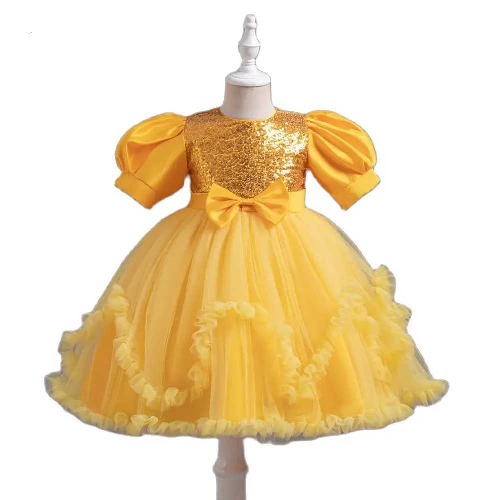 Yellow Bubble Sleeves Princess Dress for Girls Sparkling Sequins Childrens Birthday Party Wear 2 to 10 Years Z250904