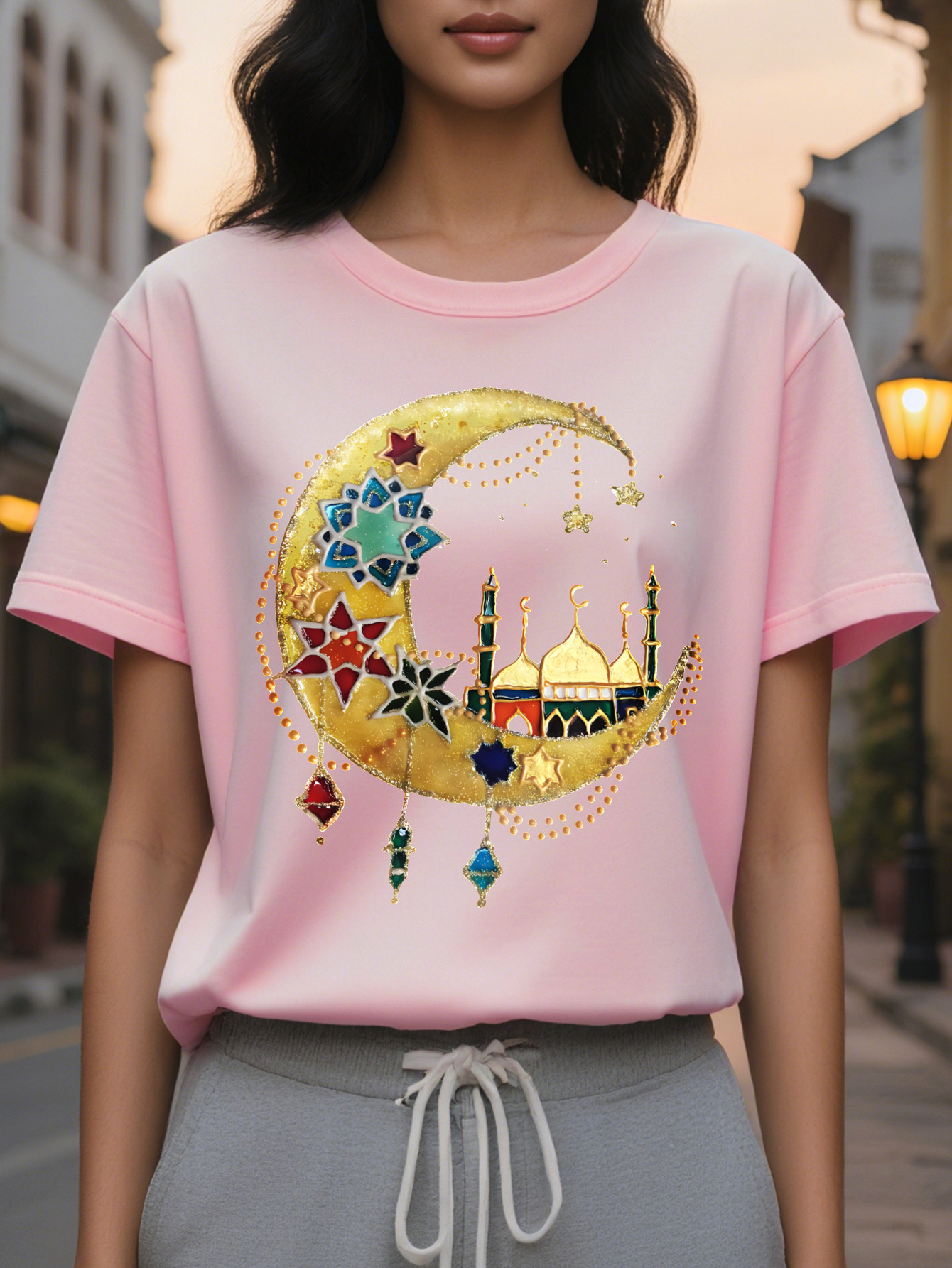 Middle Eastern Desert Ramadan Islamic Print T-Shirt Casual Short Sleeve Round Neck Top Fashion All Season Women's Wear